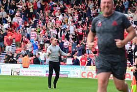 Doncaster's manager Gary McSheffrey celebrates Keiran Agard's injury-time winner.