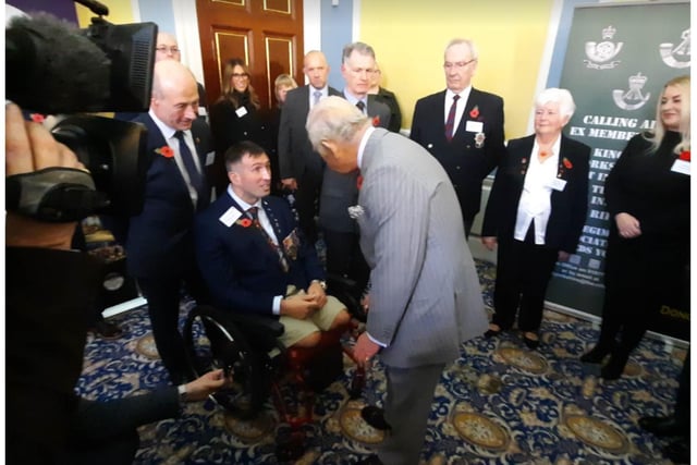 King Charles meets Doncaster Afghanistan war hero Ben Parkinson.