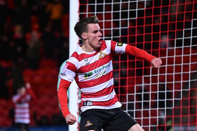 Picture Howard Roe/AHPIX LTD; Football, SkyBet; League Two;
Doncaster Rovers v Cheltenham Town;
07/11/2024 3.00 pm; Eco-Power Stadium;
Doncasters' George Broadbent celebrates his goaL