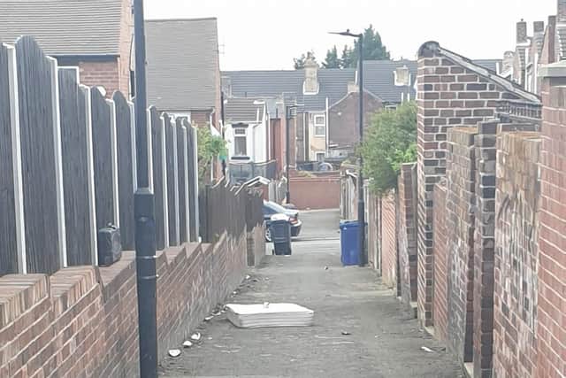 Flytipped mattress in ginnel between Sycamore Road and Oak Road, Mexborough