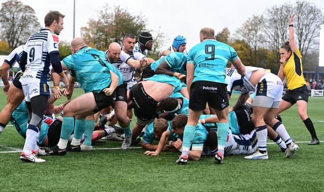 George Roberts gets the ball over the line for Doncaster Knights against Coventry.