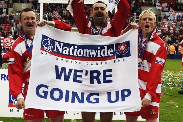 Doncaster Rovers goalscorers Francis Tierney, Dave Morley and Paul Green celebrate promotion.