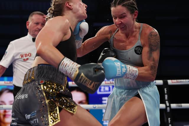 Terri Harper catches Rhiannon Dixon cleanly. Picture: Mark Robinson/Matchroom Boxing