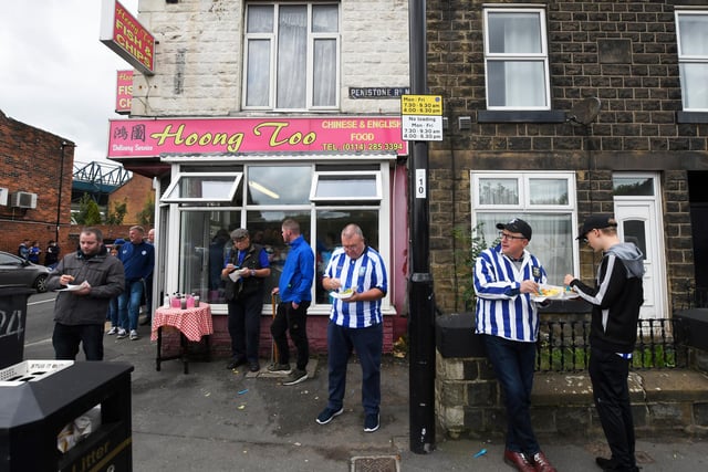 Wednesday fans enjoy some pre-match food before the Sky Bet Championship match with Wigan Athletic at Hillsborough in October 2019.