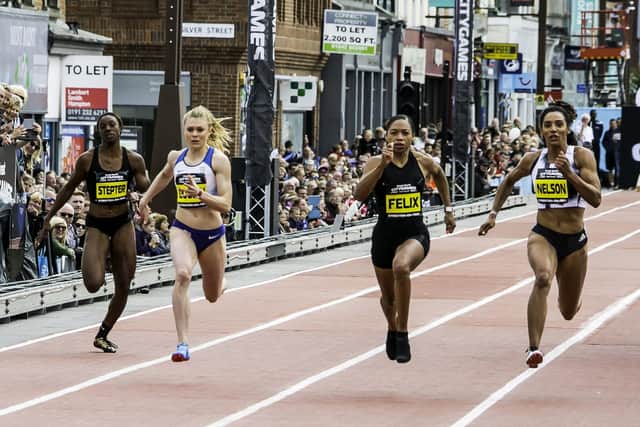 Beth Dobbins, second from left, competing in the Great North Run 2019, alongside Allyson Felix , Ashleigh Nelson and Jaide Stepter