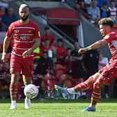 John Bostock watches on as Josh Martin goes close with a freekick. Picture: Andrew Roe/AHPIX LTD