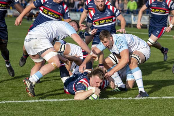 John Kelly burrowed over for a late try to help Doncaster Knights beat Ampthill. (Picture: Tony Johnson)