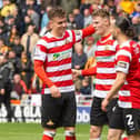 Rob Street ( 9 ) of Doncaster Rovers celebrates his goal  Picture Craig Hawkhead/AHPIX LTD; Football, SkyBet; League Two; Doncaster Rovers vs Bradford City ; 26-04-2025 12.30pm; Eco Power Stadium ;