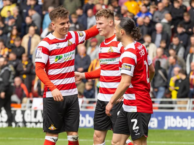 Rob Street ( 9 ) of Doncaster Rovers celebrates his goal  Picture Craig Hawkhead/AHPIX LTD; Football, SkyBet; League Two; Doncaster Rovers vs Bradford City ; 26-04-2025 12.30pm; Eco Power Stadium ;