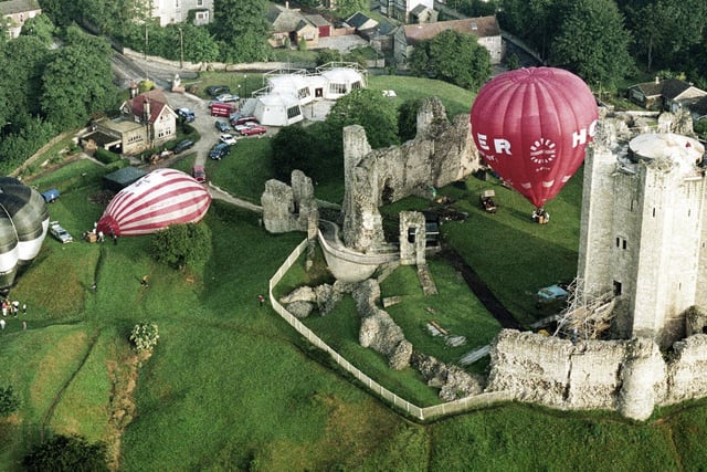 A view of the hot air balloon festival at Conisbrough Castle, June 1994