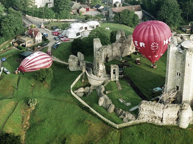 A view of the hot air balloon festival at Conisbrough Castle, June 1994
