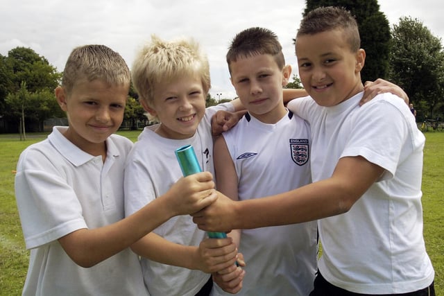 The Year 5/6 boys relay winners at the ​Bentley Schools olympic sports day – pictured, left to right: Paul James (10), Dominic Riley (11), Brad Shaw (11) and Uhdell Hannan (11), July 10, 2009