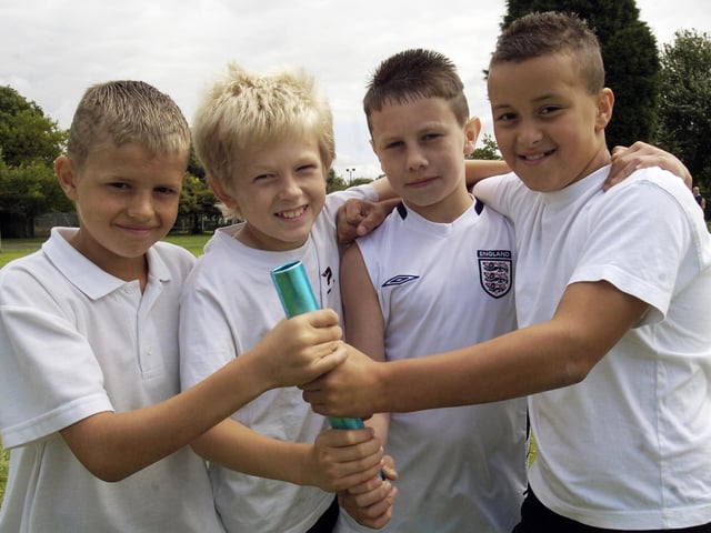 The Year 5/6 boys relay winners at the ​Bentley Schools olympic sports day – pictured, left to right: Paul James (10), Dominic Riley (11), Brad Shaw (11) and Uhdell Hannan (11), July 10, 2009