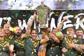 Australia celebrate winning the 2017 Rugby League World Cup. Photo: Bradley Kanaris/Getty Images