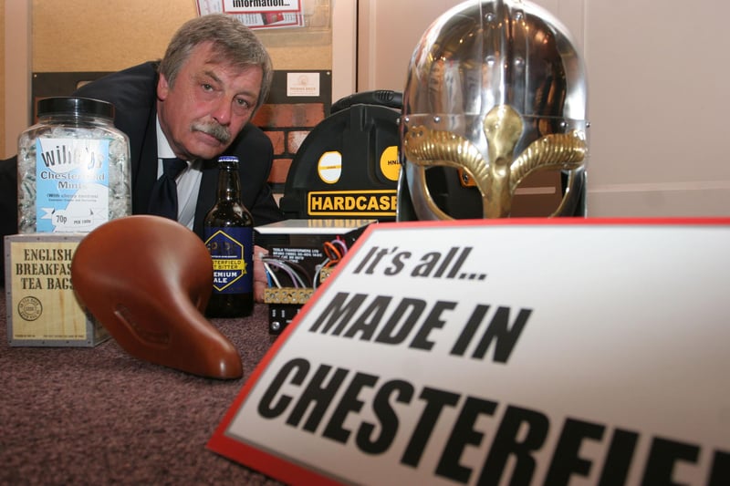 Museum attendant Peter Hall with exhibits from the made in Chesterfield exhibition in 2010