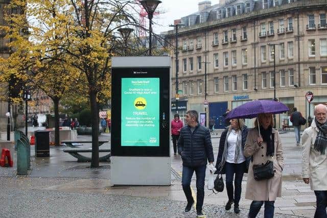 A coronavirus advice sign in Sheffield city centre, as South Yorkshire is the latest region to be placed into Tier 3 coronavirus restrictions