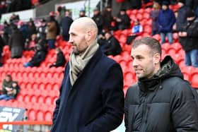 Ex-Doncaster Rovers pair Rob Jones and Tommy Spurr pictured at the Eco-Power Stadium in February.
