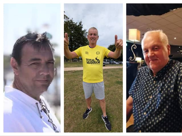 Kenny Raggett (centre) is taking on his challenges in memory of pals Alistair Walker (left) and Phil Tyson (right).