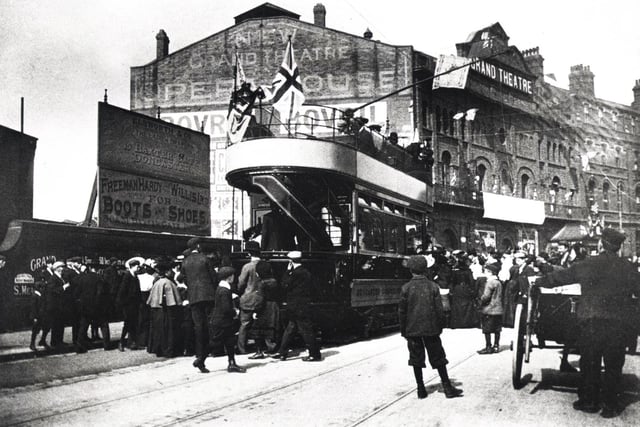 Doncaster's first tram pictured on Station Road, Doncaster