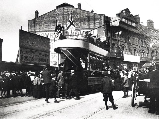 Doncaster's first tram pictured on Station Road, Doncaster