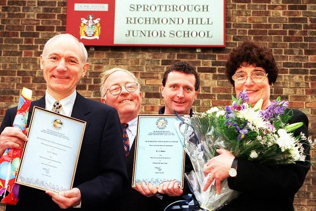 Richmond Hill Junior School teachers Tony Jermy and Barbara Rutter have notched up 30 years service each at the Sprotbrough school. Our picture shows them receiving the congratulations of chairman of governors, Councillor Malcolm Wood (second left) and vice-chairman Paul Smillie, May 1998