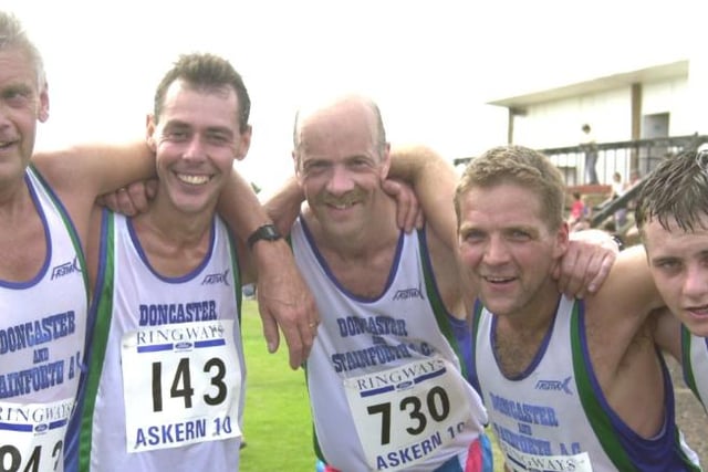 Runners Dave Clayton, Pete Tallents, Ken Lincoln, Bryan Chadwick, Jamie Smith. All from the Doncaster and Stainforth Athletic Club. 2000.