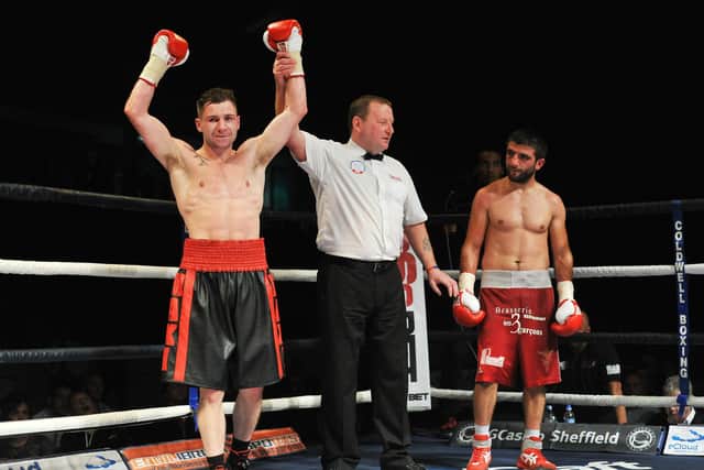 Maxi Hughes celebrates beating Kakhaber Avetisian at Ice Sheffield in September 2014.