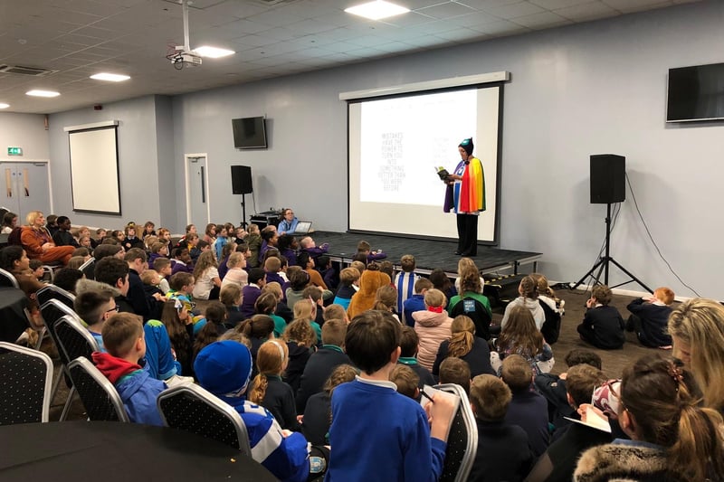 Sue Ellis reading her story Oliver Owl is a Silly Billy at the World Book Day Event at Hillsborough in March 2019