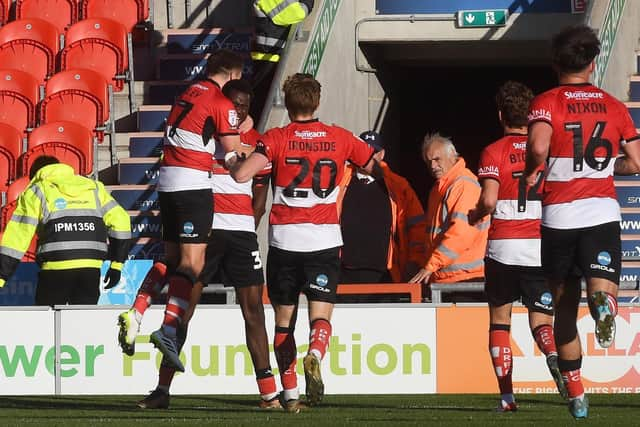 The Doncaster Rovers players celebrate Mo Faal's goal in last weekend's 4-1 win over Sutton United.