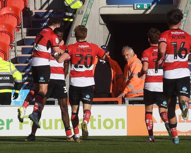 The Doncaster Rovers players celebrate Mo Faal's goal in last weekend's 4-1 win over Sutton United.