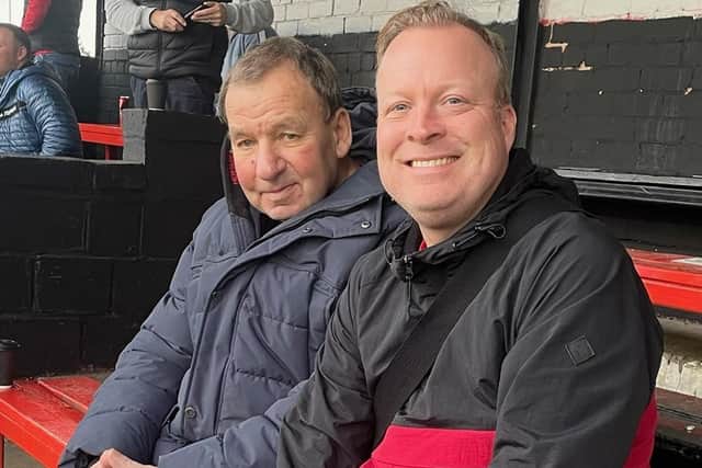 John Mills at his beloved Maltby Main FC recently with David Watts.