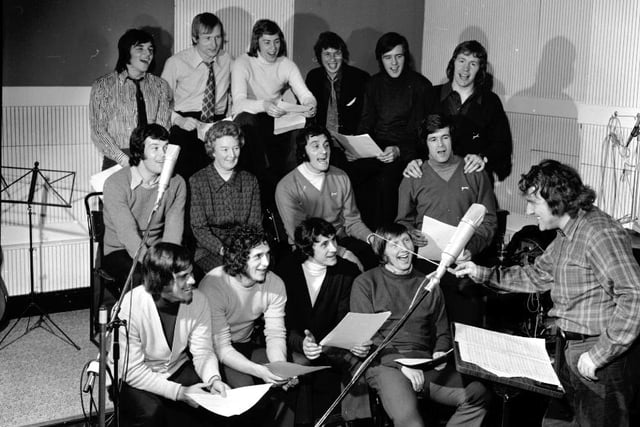 The Hibs first-team squad gather to record 'The Hibs Song' in January 1973