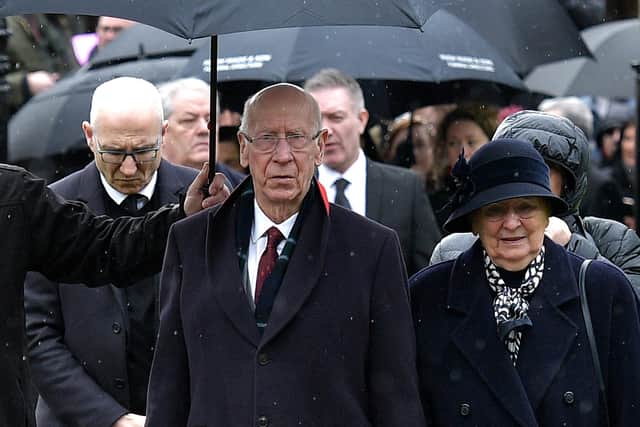 Sir Bobby Charlton attends the funeral for former Manchester United and Northern Ireland goalkeeper Harry Gregg. (Photo by Charles McQuillan/Getty Images)