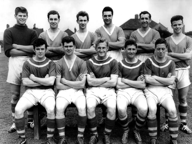Denaby United FC 1959-60 - Back row, left to right:  Sapey, Dodds, Swaby, Slater, and Allott. Front row, left to right: Cooper, Mellows, Foster, Oliver, Johnson, and Bourne