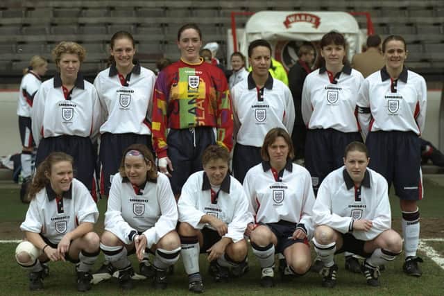 Gillian Coultard (front, centre) on England duty in 1997. Photo: Clive Brunskill/Allsport
