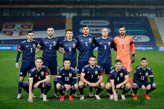 Scotland side pose for a team picture prior to kick off during the UEFA EURO 2020 Play-Off Final between Serbia and Scotland at Rajko Mitic Stadium. (Photo by Srdjan Stevanovic/Getty Images)