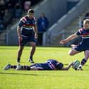 Doncaster Knights Alex Dolly kicks a penalty (Picture: Tony Johnson)