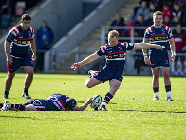 Doncaster Knights Alex Dolly kicks a penalty (Picture: Tony Johnson)