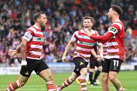 Billy Sharp celebrates opening the scoring against Gillingham. Pic: Howard Roe.