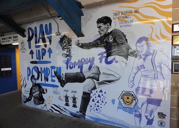 A general view of a 'Play up Pompey' mural at Fratton Park. Photo by Steve Bardens/Getty Images