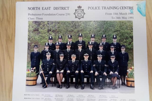Shaun Morley, back row, second from right, and Sharon Hancock, middle row, fifth from left, with their group at police college in 1991
