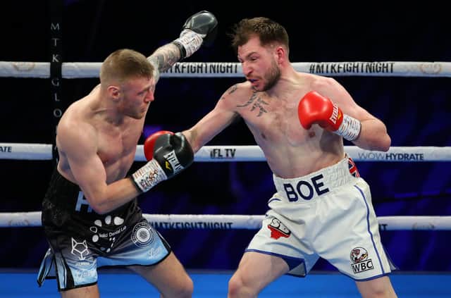 Maxi Hughes, right, on his way to victory against Paul Hyland Jnr in their British title fight. Photo: Alex Livesey/Getty Images