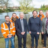 Councillors and members of the Quickline fibre team at Westwoodside Pond.