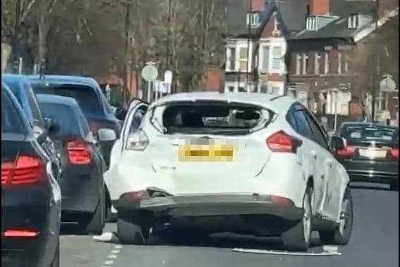 The aftermath of a police chase on Thorne Road  which saw several vehicles damaged.