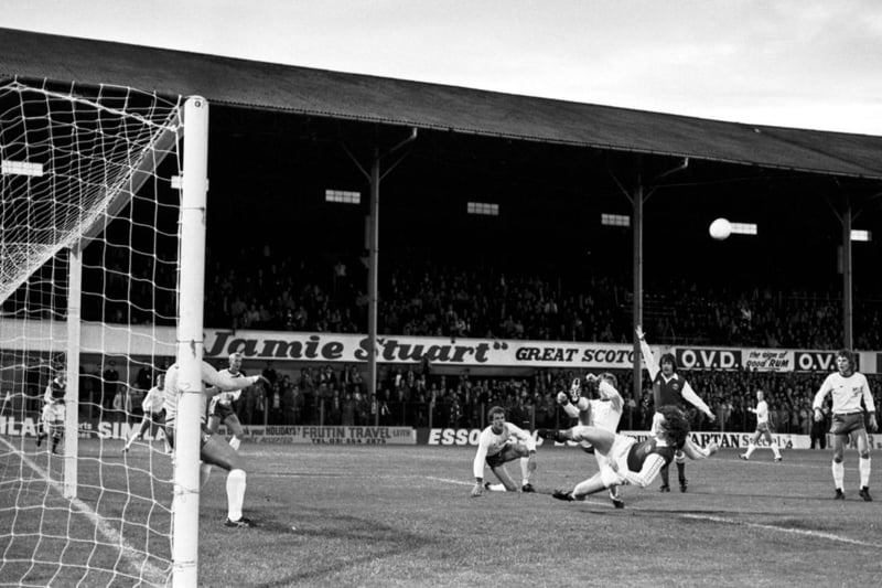 Tony Higgins scores against Norrkoping of Sweden in the UEFA Cup first round in 1978. Hibs ran out 3-2 winners