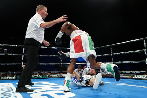 Zolani Tete knocks out Jason Cunningham during their IBF International and Commonwealth super-bantamweight title fight in July (photo by James Chance/Getty Images).