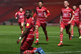 Joseph Olowu celebrates his winner against Shrewsbury Town. Picture: Howard Roe/AHPIX LTD