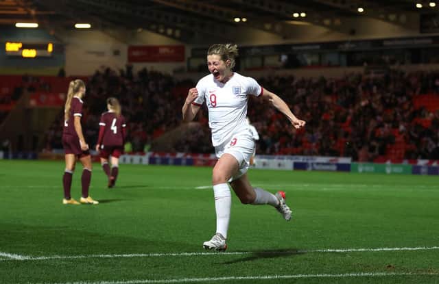 Ellen White celebrates after scoring England's third goal and becoming the Lionesses' all-time leading goalscorer. Photo by Catherine Ivill/Getty Images