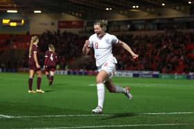 Ellen White celebrates after scoring England's third goal and becoming the Lionesses' all-time leading goalscorer. Photo by Catherine Ivill/Getty Images