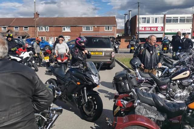 Bikers in Rossington to sing happy birthday to Jayden Walters aged four. PIcture submitted by Doncaster Dragons motorcycle club